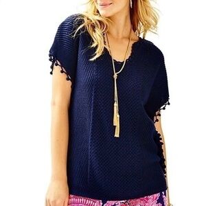 LILLY PULITZER Navy Blue Pom Pom Hem “Keaton Sweater Poncho”